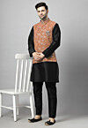Embroidered Art Silk Kurta Set in Black and Brown