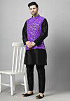 Embroidered Art Silk Kurta Set in Black and Purple