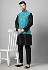 Embroidered Art Silk Kurta Set in Black and Sky Blue