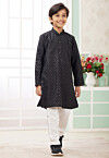 Embroidered Art Silk Kurta Set in Black