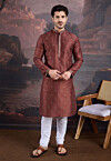 Embroidered Art Silk Kurta Set in Brown