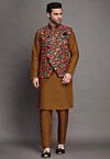 Embroidered Art Silk Kurta Set in Brown