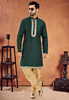 Embroidered Art Silk Kurta Set in Dark Green