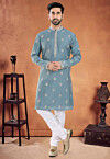 Embroidered Art Silk Kurta Set in Dusty Blue