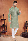 Embroidered Art Silk Kurta Set in Dusty Green
