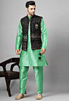 Embroidered Art Silk Kurta Set in Green and Black