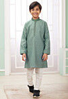 Embroidered Art Silk Kurta Set in Green