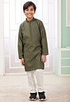 Embroidered Art Silk Kurta Set in Green