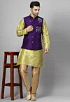 Embroidered Art Silk Kurta Set in Light Olive Green and Violet
