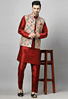 Embroidered Art Silk Kurta Set in Maroon and Beige