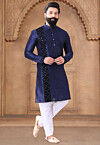 Embroidered Art Silk Kurta Set in Navy Blue