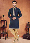 Embroidered Art Silk Kurta Set in Navy Blue