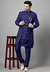 Embroidered Georgette Sherwani in Navy Blue