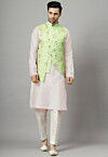 Embroidered Art Silk Kurta Set in Off White
