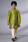 Embroidered Art Silk Kurta Set in Olive Green