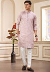 Embroidered Art Silk Kurta Set in Peach