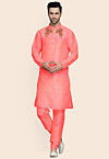 Embroidered Art Silk Kurta Set in Peach
