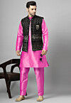 Embroidered Art Silk Kurta Set in Pink and Black