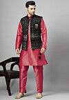 Embroidered Art Silk Kurta Set in Pink and Black