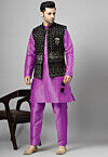 Embroidered Art Silk Kurta Set in Purple and Black