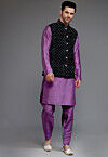 Embroidered Art Silk Kurta Set in Purple and Black