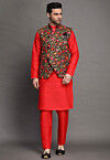 Embroidered Art Silk Kurta Jacket Set in Red and Black