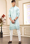 Embroidered Art Silk Kurta Set in Sea Green