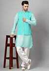Embroidered Art Silk Kurta Set in Sea Green