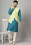 Embroidered Art Silk Kurta Set in Teal Blue
