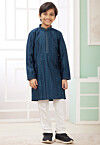 Embroidered Art Silk Kurta Set in Teal Blue