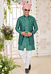 Embroidered Art Silk Kurta Set in Teal Green