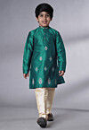 Embroidered Art Silk Kurta Set in Teal Green