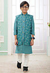 Embroidered Art Silk Kurta Set in Teal Green