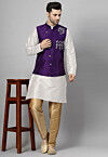 Embroidered Art Silk Kurta Set in White and Violet