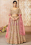 Embroidered Art Silk Lehenga in Beige
