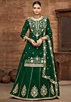 Embroidered Art Silk Lehenga in Dark Green