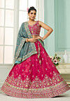 Embroidered Art Silk Lehenga in Fuchsia