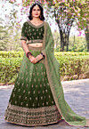 Embroidered Art Silk Lehenga in Green Ombre