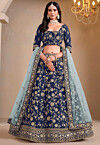 Embroidered Art Silk Lehenga in Navy Blue