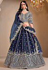 Embroidered Art Silk Lehenga in Navy Blue