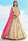 Embroidered Art Silk Jacquard Lehenga in Off White