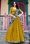 Embroidered Art Silk Lehenga in Olive Green