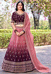 Embroidered Art Silk Lehenga in Peach and Maroon Shaded