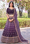 Embroidered Art Silk Lehenga in Purple Ombre