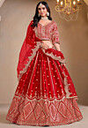 Embroidered Art Silk Lehenga in Red