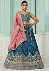 Embroidered Art Silk Lehenga in Teal Blue
