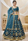 Embroidered Art Silk Lehenga in Teal Blue