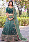 Embroidered Art Silk Lehenga in Teal Green Ombre