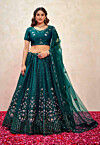 Embroidered Art Silk Lehenga in Teal Green