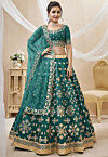 Embroidered Art Silk Lehenga in Teal Green